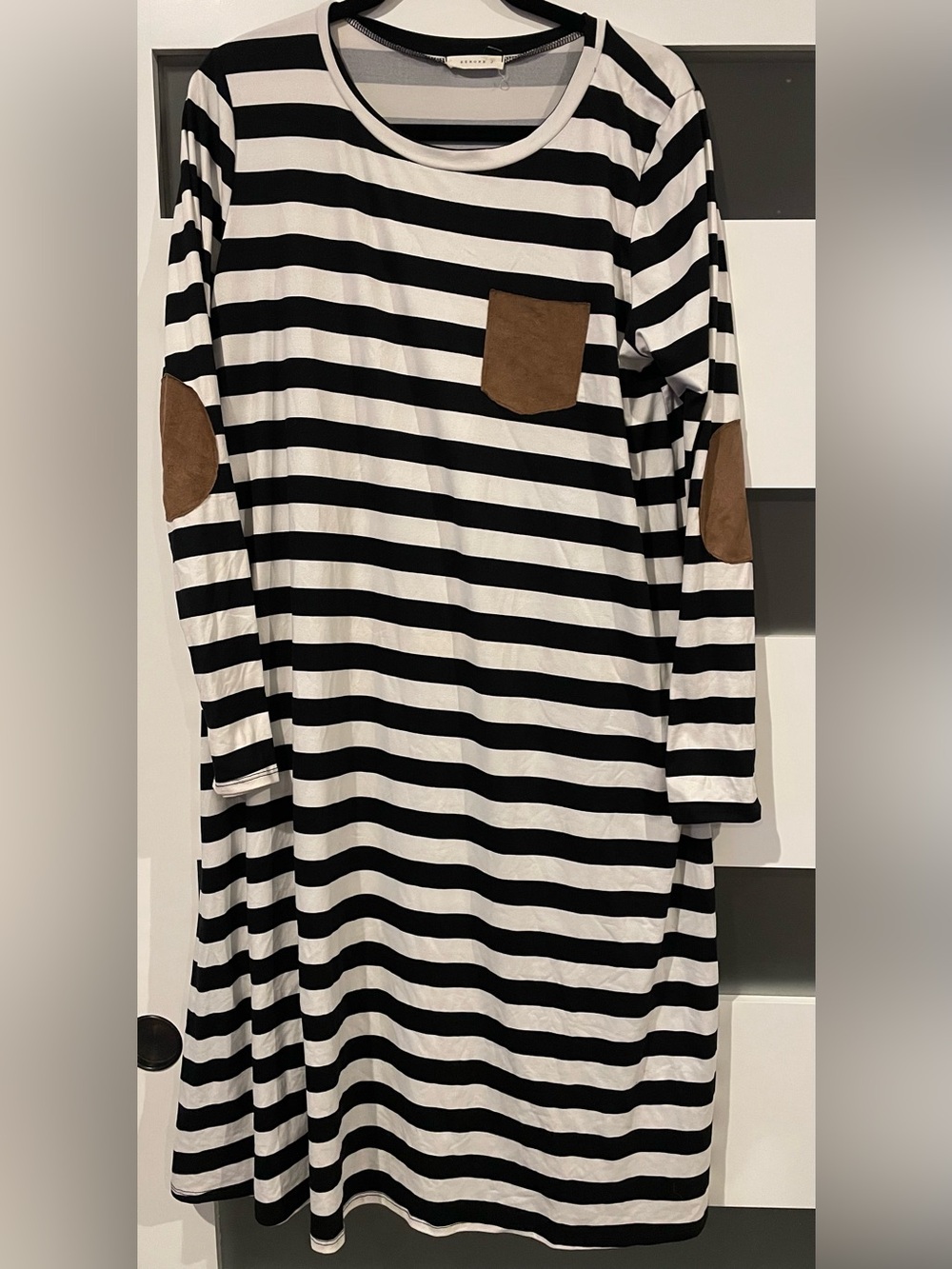Reborn J Black & White Striped Dress with Brown Pocket and Elbow Patches